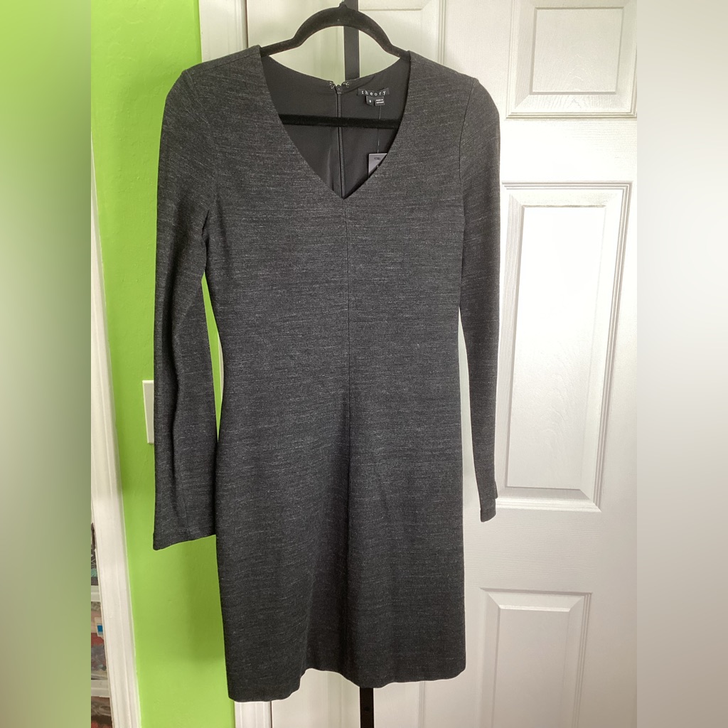 Theory Elegant Gray V-Neck Dress, Size 6 (Runs Small), Nwt